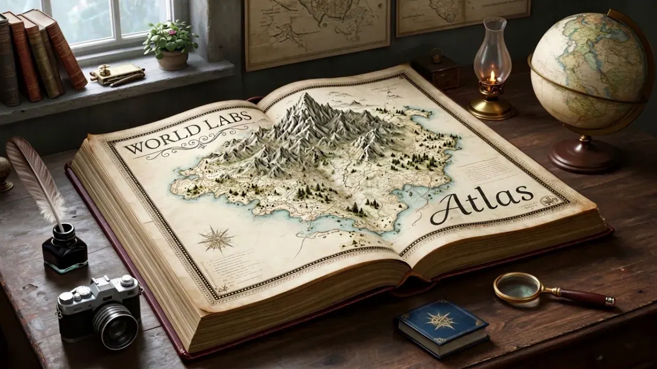 训练桌上摊开的 Atlas 地图集，书页间升起 3D 地形与黄铜地球仪——Atlas 的输入参考图