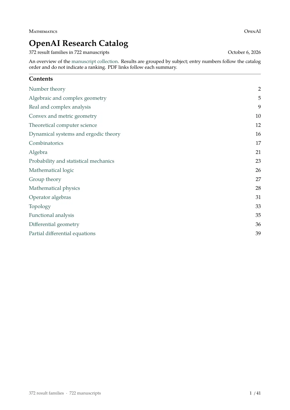OpenAI Research Catalog 官方目录第 1 页,写明 372 result families in 722 manuscripts