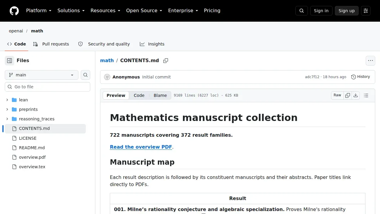 GitHub 上 CONTENTS.md 的渲染页面,顶部写明 722 manuscripts covering 372 result families